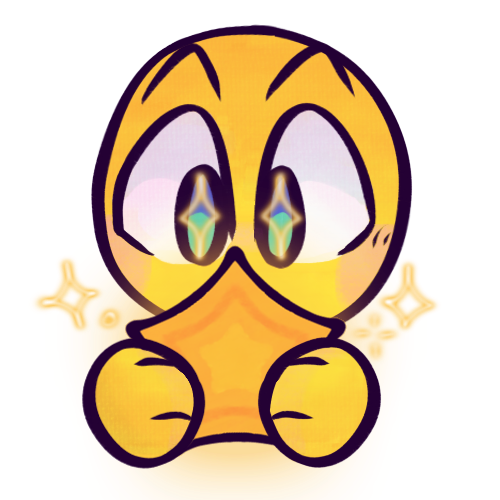 A drawing of a yellow emoji face staring with wide, starry eyes at the orange five-pointed star they’re holding. The star glows orange and is surrounded by some sparkles.